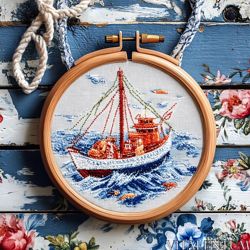 Detailed Needlework of an Ocean Scene with a Boat AI Image