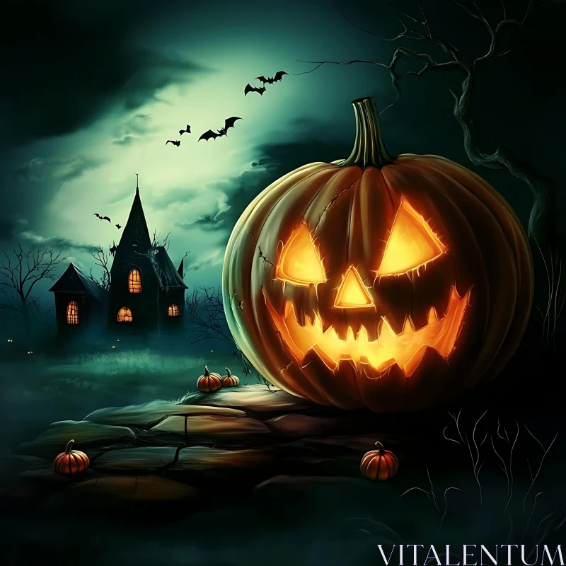 AI ART Spooky Halloween Scene with Haunted House and Pumpkins