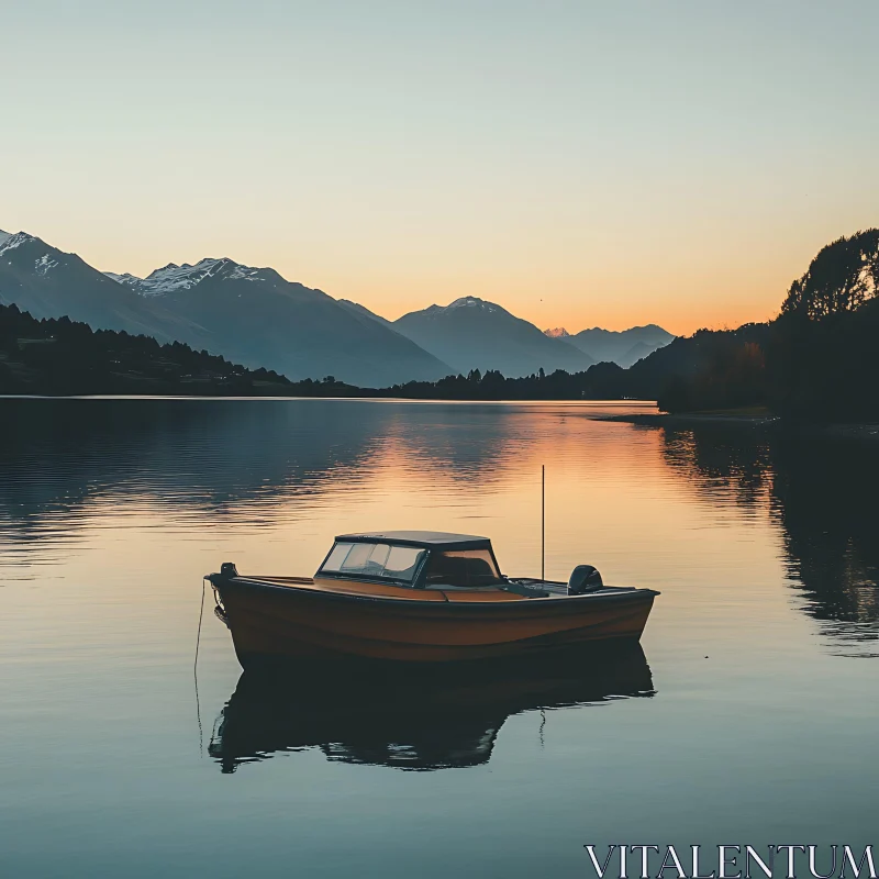 AI ART Tranquil Lake Sunset with Mountain Silhouette