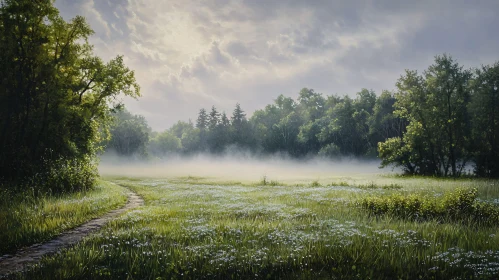 Foggy Meadow Leading to Horizon