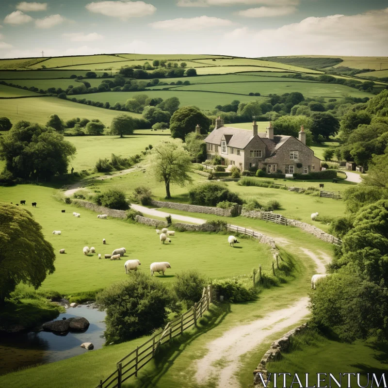Picturesque English Countryside Farm with Sheep AI Image