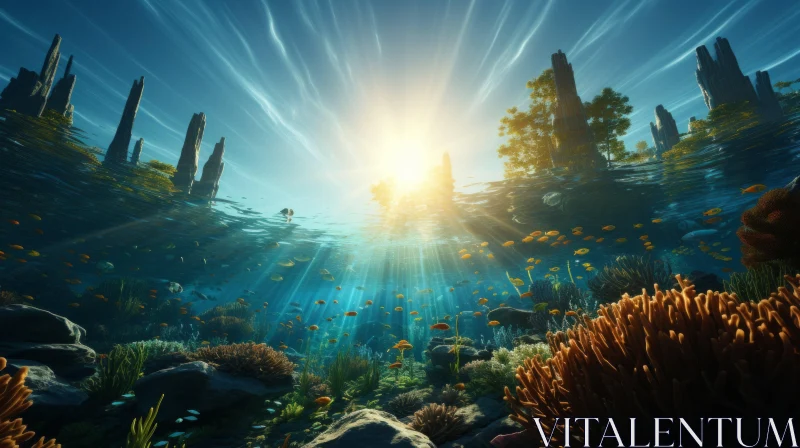 Underwater Ocean Landscape Illuminated by Sunlight AI Image