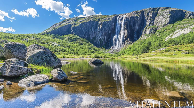 AI ART Waterfall in Tranquil Mountain Landscape