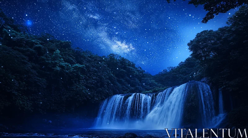 AI ART Enchanting Starry Night Over a Forest Waterfall