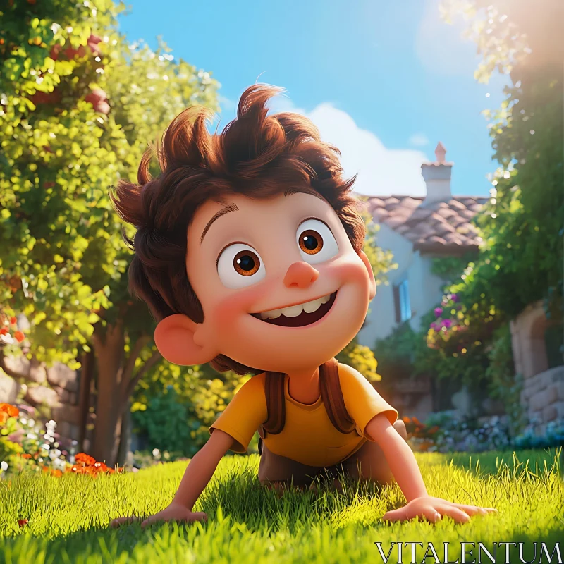 Joyful Animated Boy in a Sunny Garden AI Image