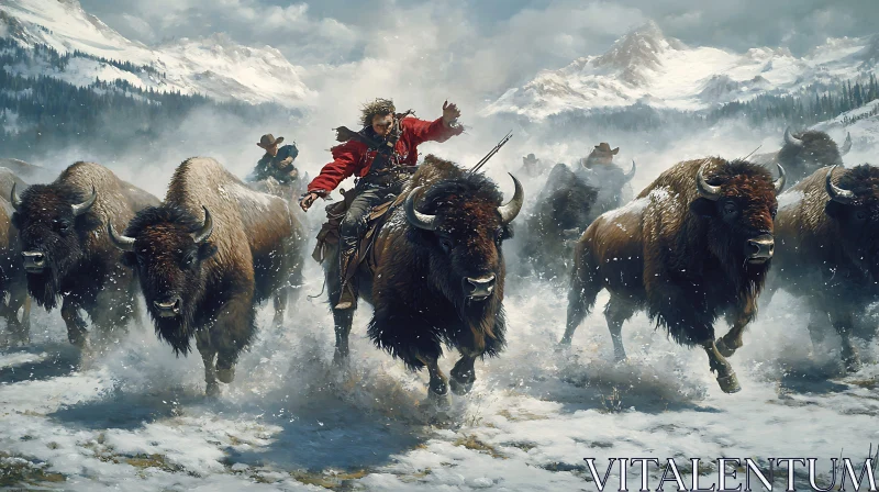 Cowboys Chasing Buffalo in Winter Wonderland AI Image