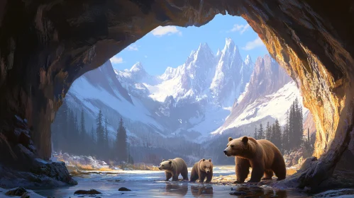 Bears in the Wilderness Near a Cave