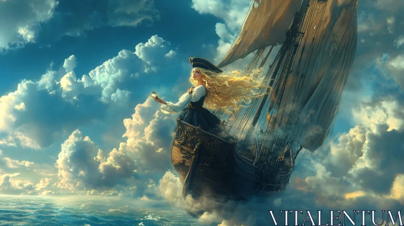 Fantasy Scene of a Woman Sailing Through the Clouds AI Image