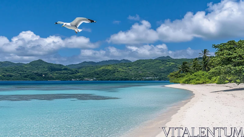 AI ART Tranquil Beach Scene with Seagull and Tropical Vegetation