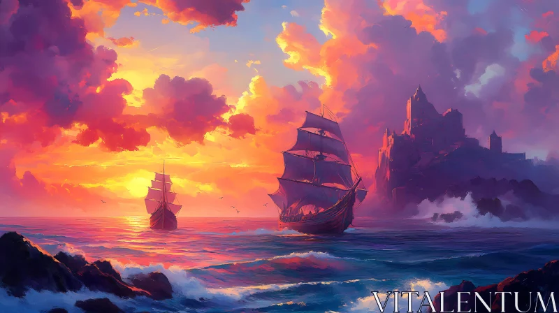 Serene Ocean Sunset with Ships and Castle AI Image