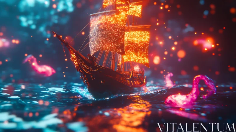 Enchanted Ship and Luminescent Sea Creatures AI Image