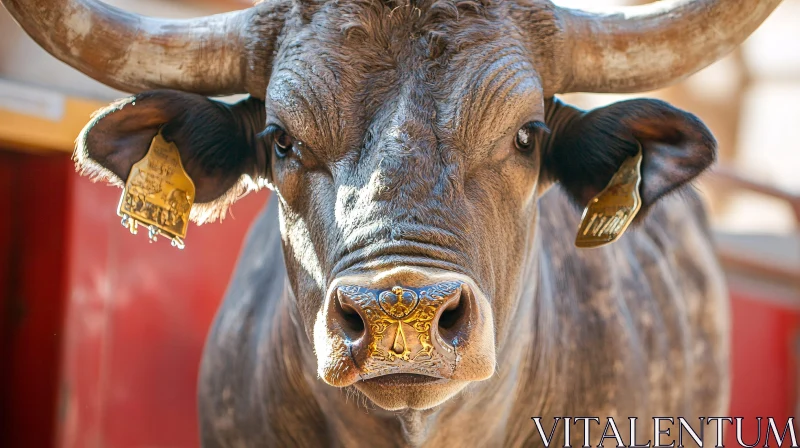 Detailed View of Bull's Face with Nose Ring and Ear Tags AI Image