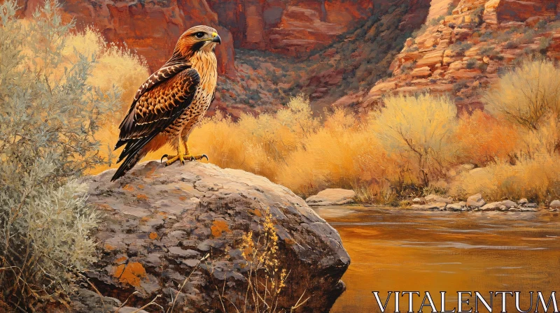 Regal Hawk by River in Desert Canyon AI Image