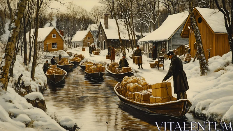 Serene Snowy Village with Boating Activity AI Image