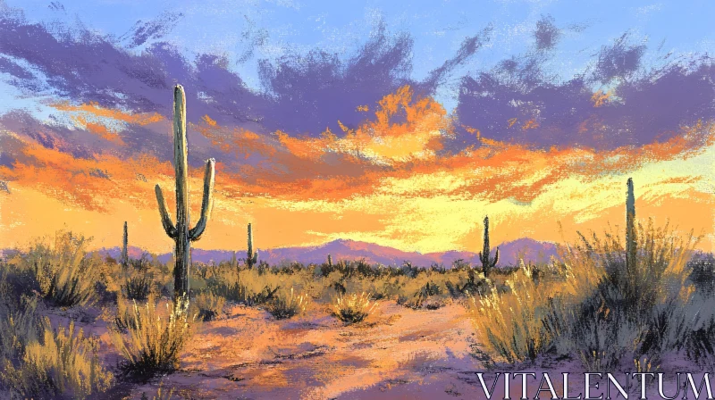 AI ART Desert Sunset with Cacti and Mountains