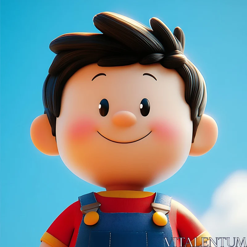 Happy Cartoon Boy with Blue Overalls and Red Shirt AI Image