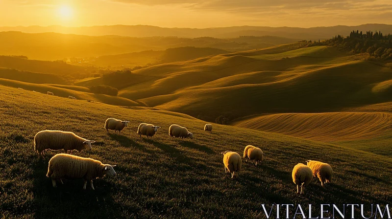 Sheep Grazing at Golden Sunset on Verdant Hillside AI Image