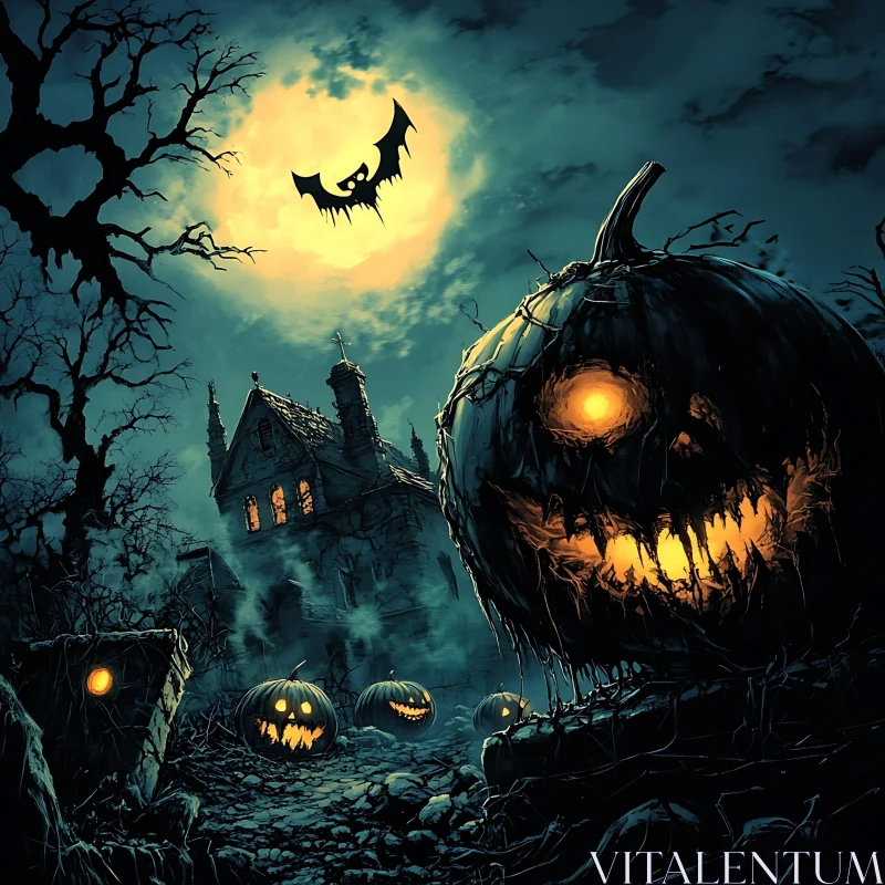 Eerie Night with Glowing Pumpkins and Haunted Castle AI Image