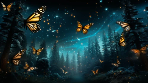 Mystical Forest Night with Luminous Butterflies