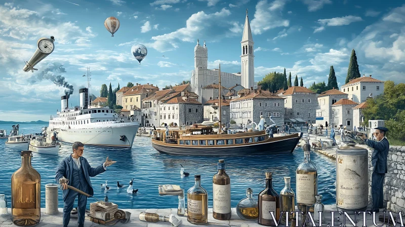 Fantasy Harbor with Balloons and Large Bottles AI Image