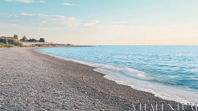 Calm Pebble Shoreline with Gentle Waves and Blue Horizon AI Image