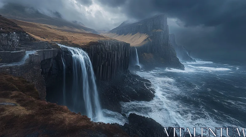 AI ART Majestic Coastal Waterfall Amid Turbulent Waves