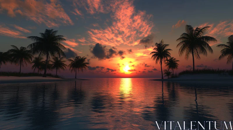 Sunset Over Ocean with Palm Tree Silhouettes AI Image