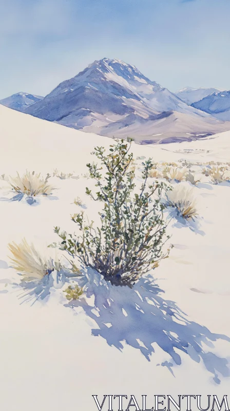 AI ART Snowy Desert Landscape with Distant Mountain