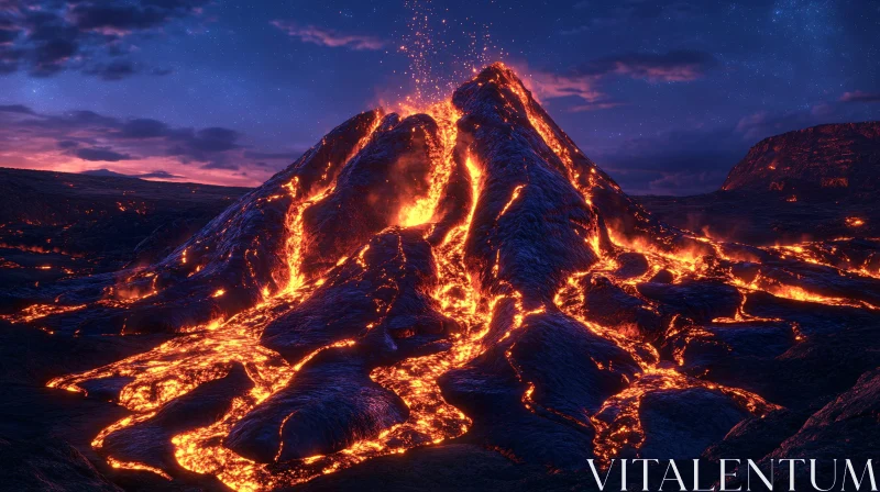 Night Eruption with Flowing Lava AI Image