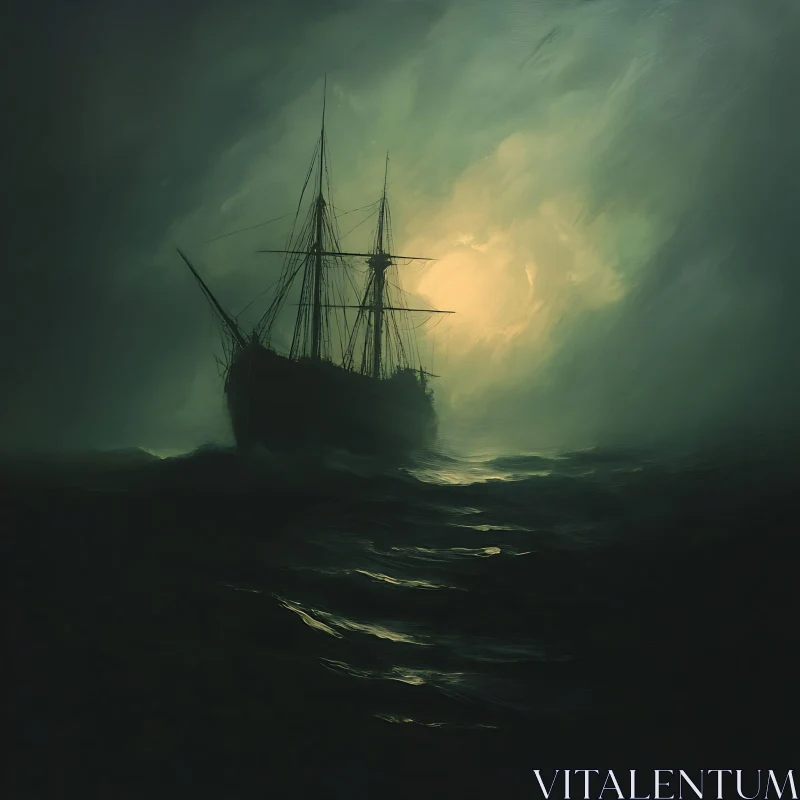 Enigmatic Ship on a Foggy Night Ocean AI Image