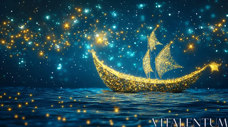 AI ART Magical Golden Star Boat Under a Starlit Night Sky