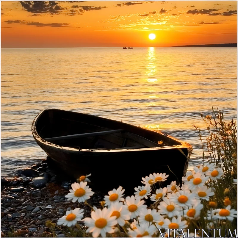 Sunset Over Lake with Boat and Flowers AI Image