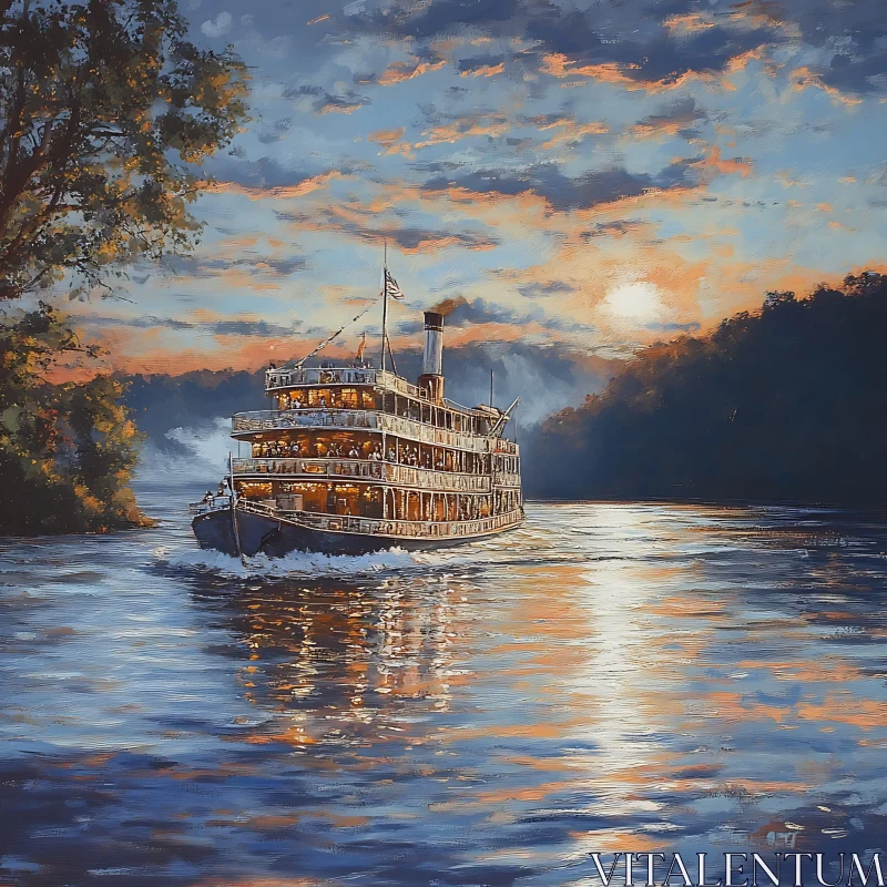 Tranquil River Scene with a Steamboat AI Image