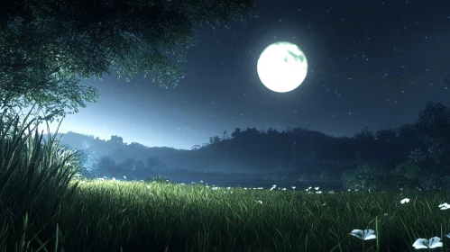 Peaceful Nocturnal Meadow Under Full Moon