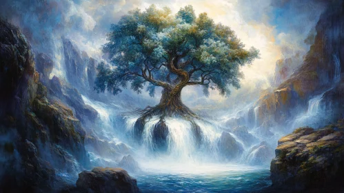 Mystical Tree and Waterfall Scene