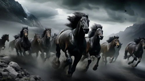 Black Horses in Dark Fantasy - Mystic Symbolism Art