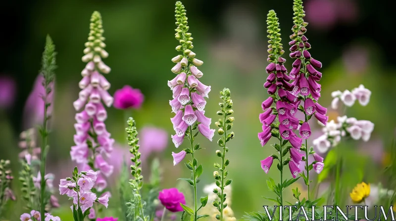 Colorful Foxglove Blossoms in Lush Greenery AI Image