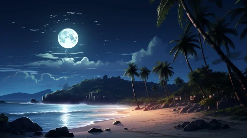 Moonlit Beach Scene with Palm Trees and Rocks - Anime Inspired Illustration