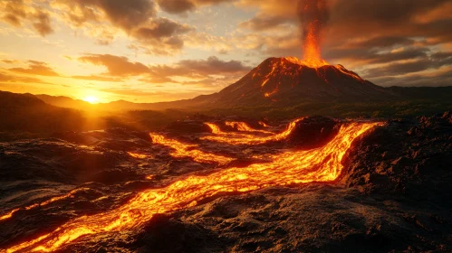 Fiery Volcano and Flowing Lava at Dusk