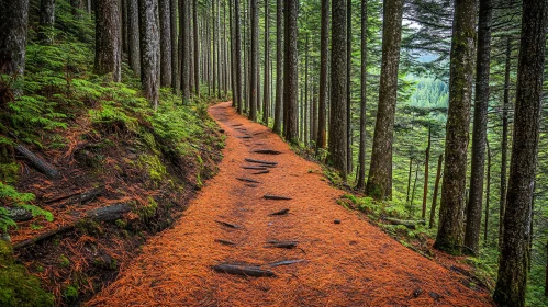 Peaceful Woodland Trail with Green Ferns and Moss