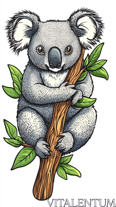 Koala Illustration with Leaves AI Image