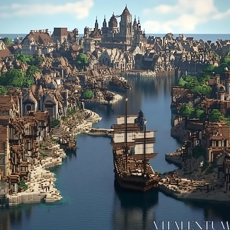 Voxel Art Medieval City with Sailing Ships AI Image