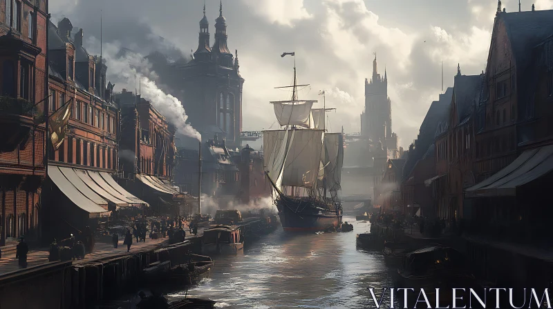 Misty Harbor City with Sail Ship and Brick Architecture AI Image