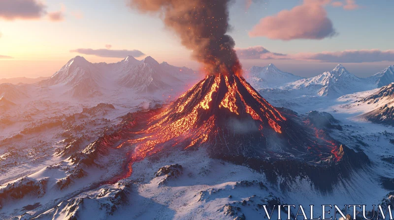 AI ART An Erupting Volcano in Snowy Landscape at Dawn