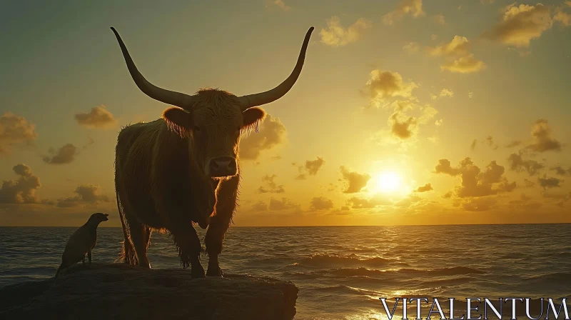 Bull Silhouette Against a Sunset Sky AI Image