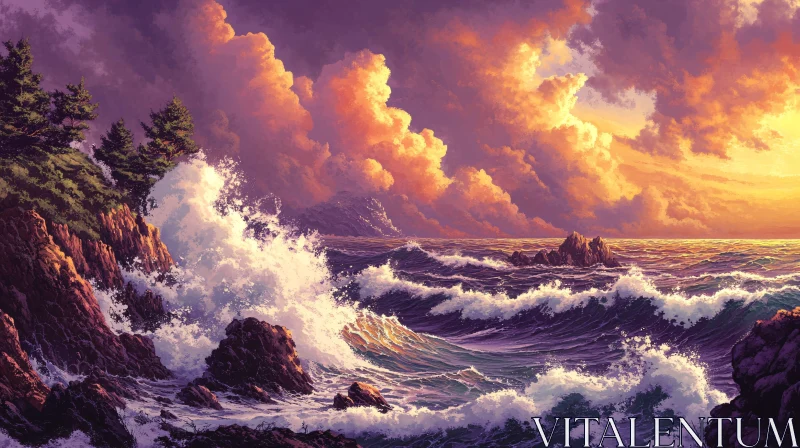 AI ART Sunset over Rocky Seashore with Crashing Waves