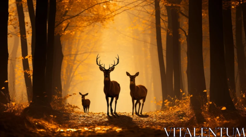 Autumn Forest Sunrise: Deer Journey Captured in Amber Hues AI Image