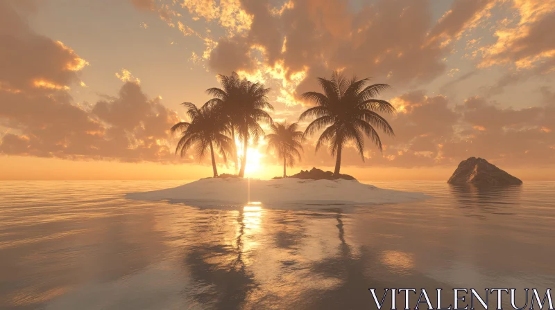 Palm Trees and Golden Sunset on a Tranquil Island AI Image