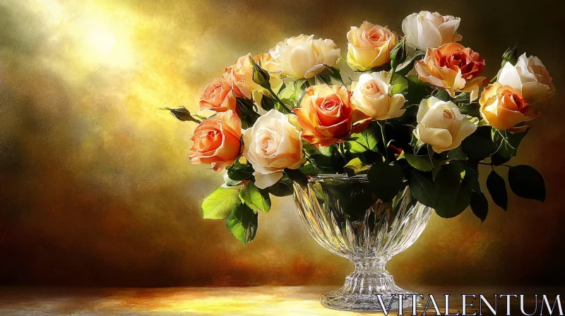 Orange and White Roses in Crystal Vase AI Image