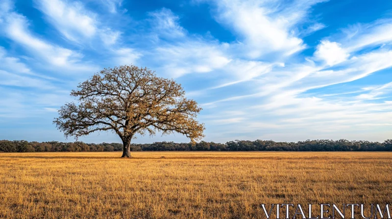 Solitary Tree in Expansive Golden Landscape AI Image